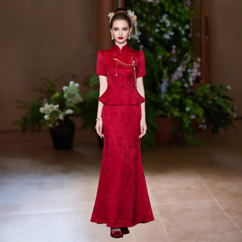 Rochie de mireasă burgundă, retro, pentru toast, stil chinezesc nou, rochie cu coadă de pește, rochie de designer