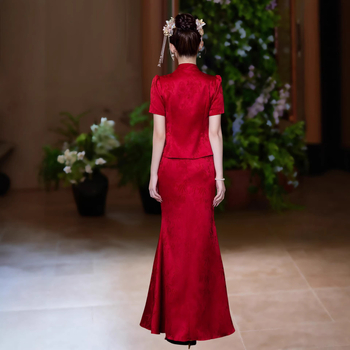 Rochie de mireasă burgundă, retro, pentru toast, stil chinezesc nou, rochie cu coadă de pește, rochie de designer