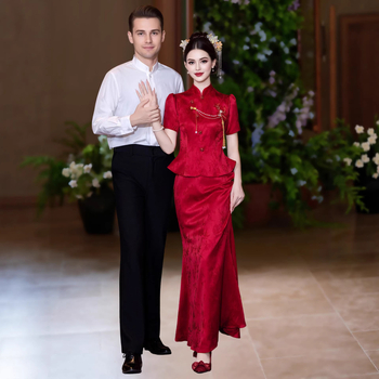 Rochie de mireasă burgundă, retro, pentru toast, stil chinezesc nou, rochie cu coadă de pește, rochie de designer