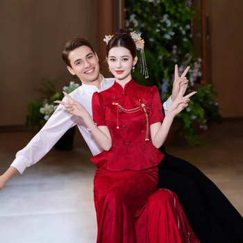 Rochie de mireasă burgundă, retro, pentru toast, stil chinezesc nou, rochie cu coadă de pește, rochie de designer
