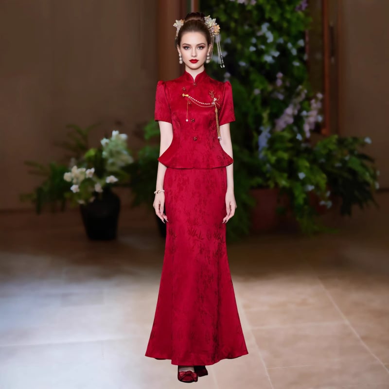 Rochie de mireasă burgundă, retro, pentru toast, stil chinezesc nou, rochie cu coadă de pește, rochie de designer