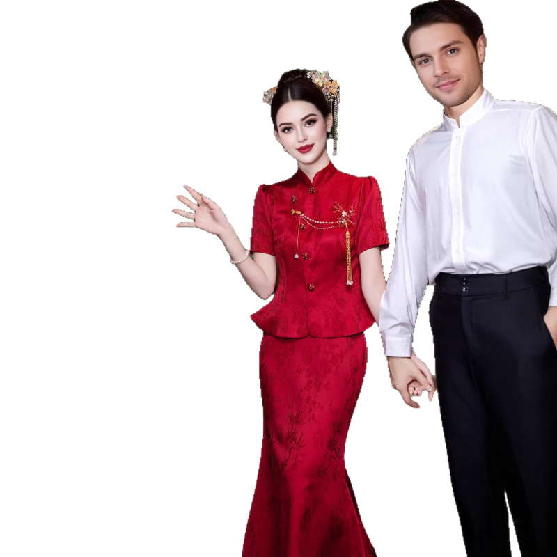 Rochie de mireasă burgundă, retro, pentru toast, stil chinezesc nou, rochie cu coadă de pește, rochie de designer