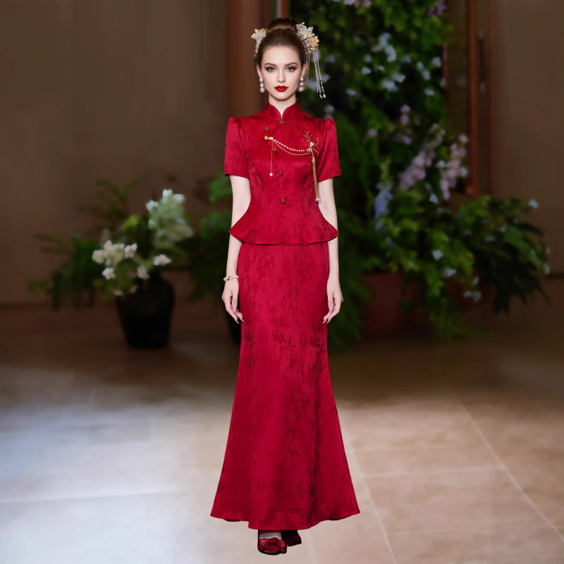 Rochie de mireasă burgundă, retro, pentru toast, stil chinezesc nou, rochie cu coadă de pește, rochie de designer