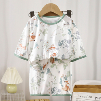 Set de pijamale pentru copii din fibre de bambus – vară, unisex, imprimeu cu desene animate, guler rotund, mâneci 3/4, ușor