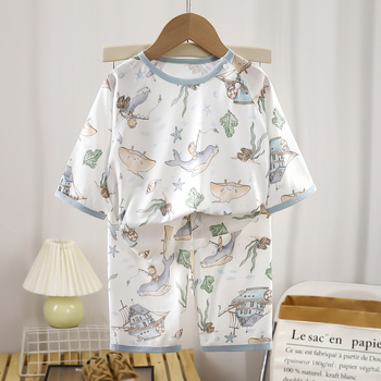 Set de pijamale pentru copii din fibre de bambus – vară, unisex, imprimeu cu desene animate, guler rotund, mâneci 3/4, ușor