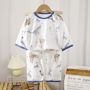 Set de pijamale pentru copii din fibre de bambus – vară, unisex, imprimeu cu desene animate, guler rotund, mâneci 3/4, ușor