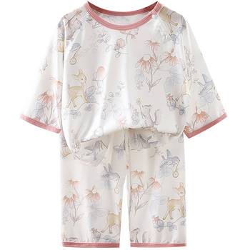 Set de pijamale pentru copii din fibre de bambus – vară, unisex, imprimeu cu desene animate, guler rotund, mâneci 3/4, ușor
