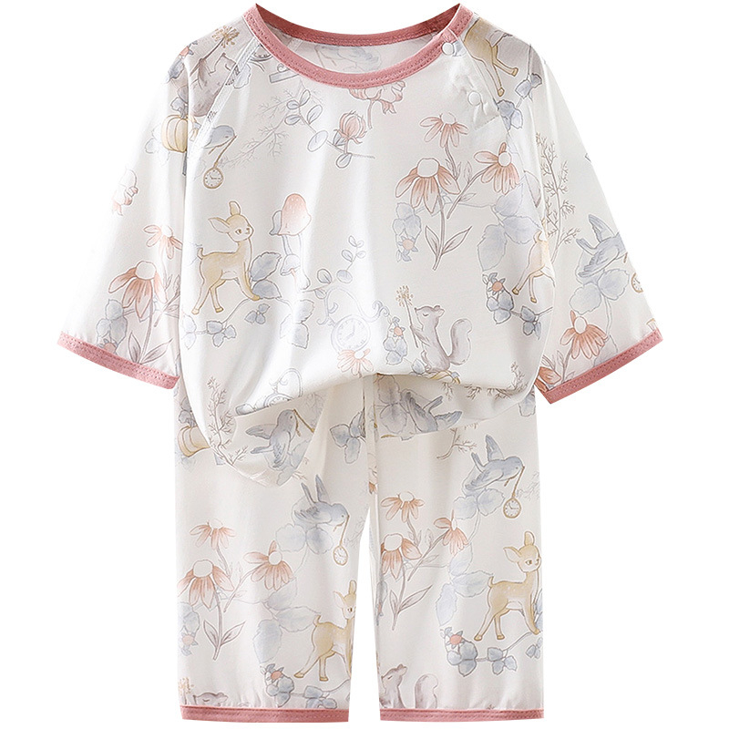 Set de pijamale pentru copii din fibre de bambus – vară, unisex, imprimeu cu desene animate, guler rotund, mâneci 3/4, ușor