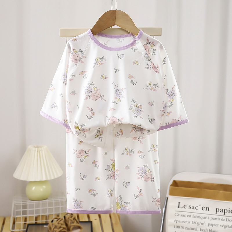Set de pijamale pentru copii din fibre de bambus – vară, unisex, imprimeu cu desene animate, guler rotund, mâneci 3/4, ușor