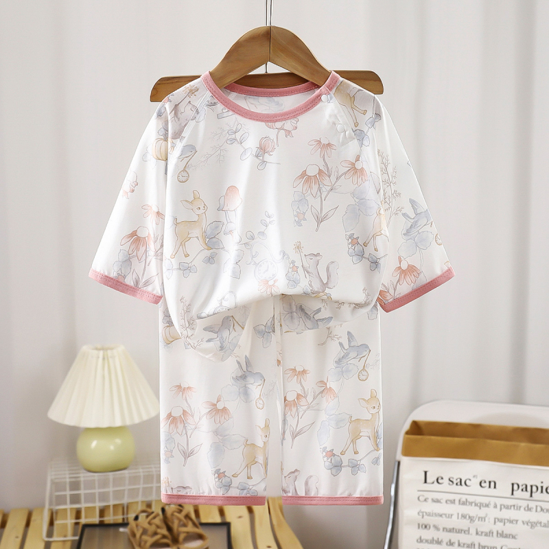 Set de pijamale pentru copii din fibre de bambus – vară, unisex, imprimeu cu desene animate, guler rotund, mâneci 3/4, ușor