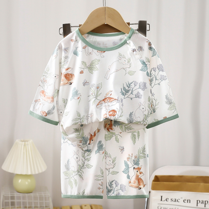 Set de pijamale pentru copii din fibre de bambus – vară, unisex, imprimeu cu desene animate, guler rotund, mâneci 3/4, ușor