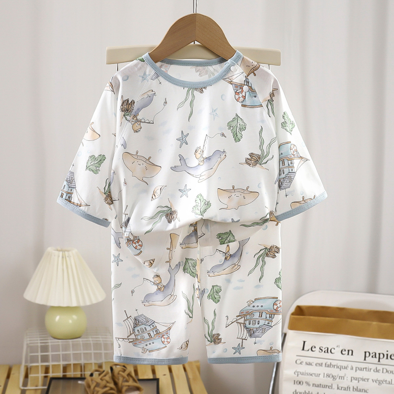 Set de pijamale pentru copii din fibre de bambus – vară, unisex, imprimeu cu desene animate, guler rotund, mâneci 3/4, ușor