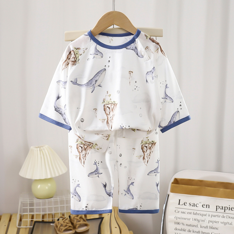 Set de pijamale pentru copii din fibre de bambus – vară, unisex, imprimeu cu desene animate, guler rotund, mâneci 3/4, ușor