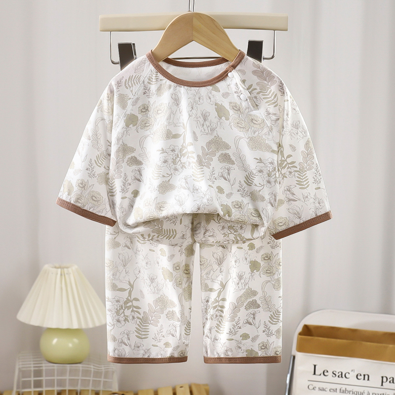 Set de pijamale pentru copii din fibre de bambus – vară, unisex, imprimeu cu desene animate, guler rotund, mâneci 3/4, ușor