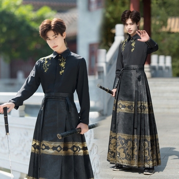Set masculin în stil chinezesc cu motiv dragon și țesătură aurie, top cu guler înalt și fustă plisată, mărime mare, uniformă școlară