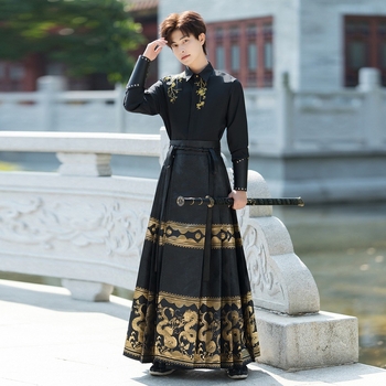 Set masculin în stil chinezesc cu motiv dragon și țesătură aurie, top cu guler înalt și fustă plisată, mărime mare, uniformă școlară