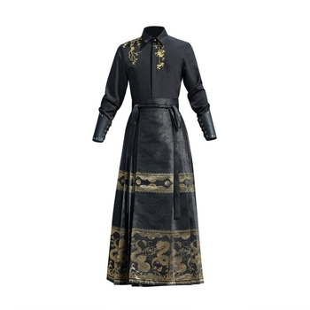 Set masculin în stil chinezesc cu motiv dragon și țesătură aurie, top cu guler înalt și fustă plisată, mărime mare, uniformă școlară