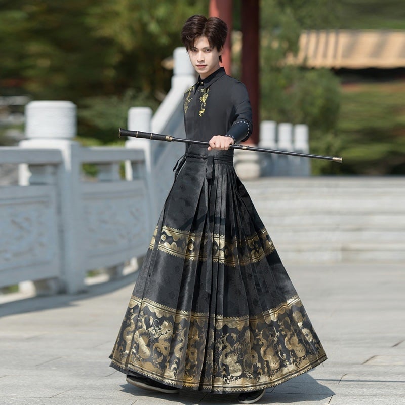 Set masculin în stil chinezesc cu motiv dragon și țesătură aurie, top cu guler înalt și fustă plisată, mărime mare, uniformă școlară