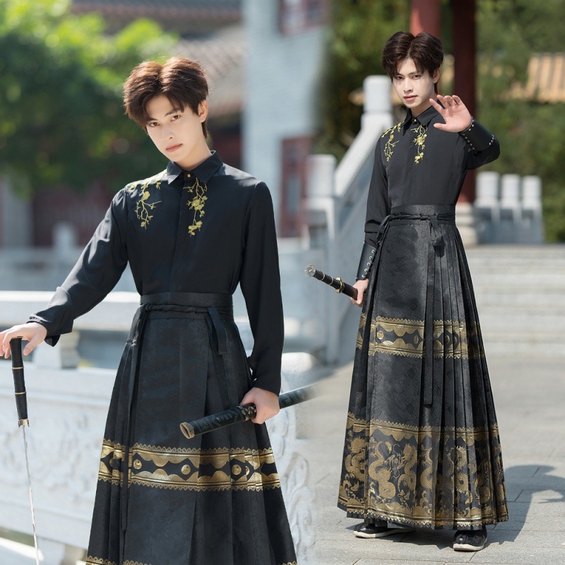 Set masculin în stil chinezesc cu motiv dragon și țesătură aurie, top cu guler înalt și fustă plisată, mărime mare, uniformă școlară