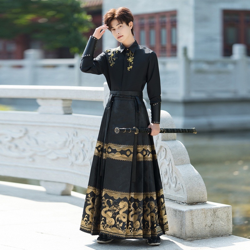 Set masculin în stil chinezesc cu motiv dragon și țesătură aurie, top cu guler înalt și fustă plisată, mărime mare, uniformă școlară