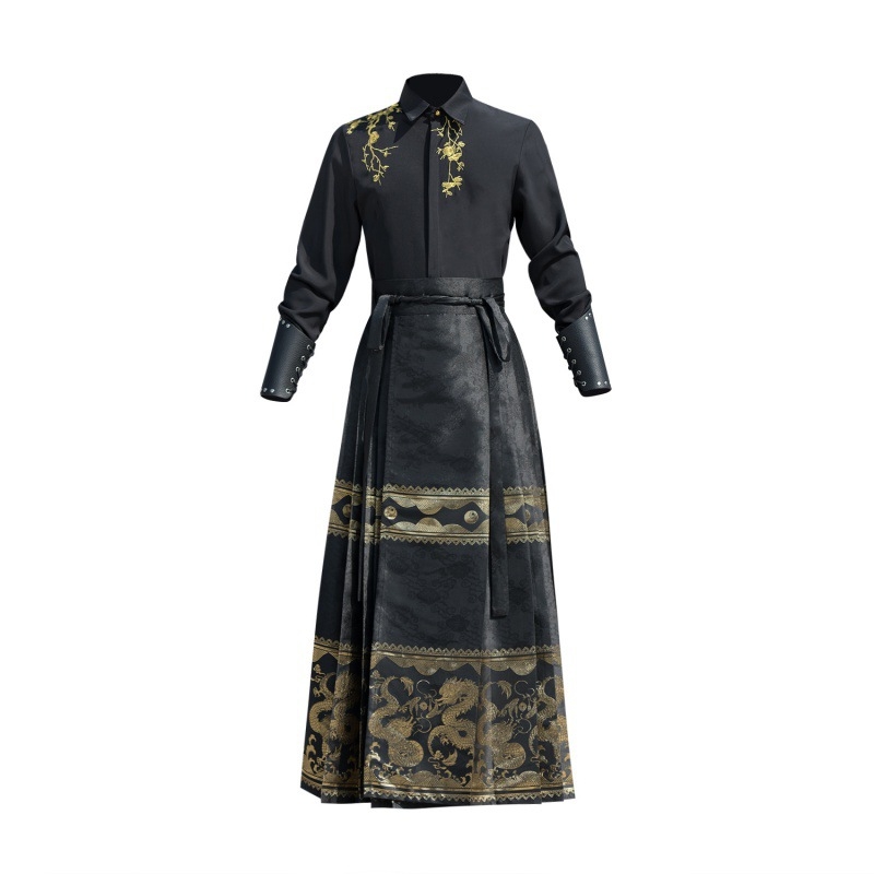 Set masculin în stil chinezesc cu motiv dragon și țesătură aurie, top cu guler înalt și fustă plisată, mărime mare, uniformă școlară
