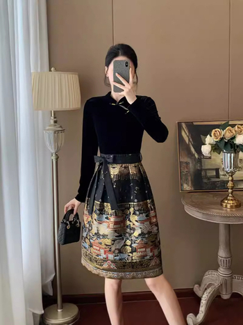 Őszi női ruha kínai stílusú cheongsam jacquard mintával, hosszú ujjú, kerek nyakú, magas derék, midi hosszúságú, kis testalkathoz