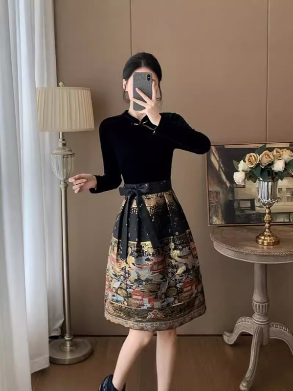 Őszi női ruha kínai stílusú cheongsam jacquard mintával, hosszú ujjú, kerek nyakú, magas derék, midi hosszúságú, kis testalkathoz