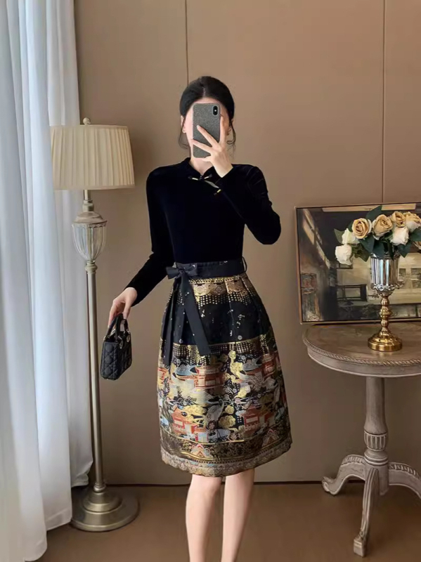 Őszi női ruha kínai stílusú cheongsam jacquard mintával, hosszú ujjú, kerek nyakú, magas derék, midi hosszúságú, kis testalkathoz