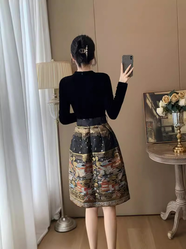 Őszi női ruha kínai stílusú cheongsam jacquard mintával, hosszú ujjú, kerek nyakú, magas derék, midi hosszúságú, kis testalkathoz