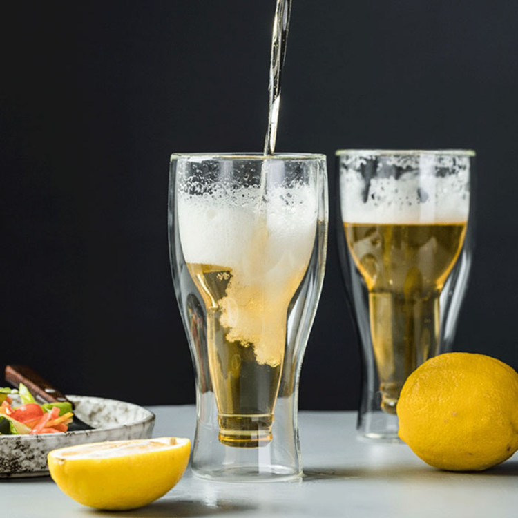 Ceașcă de bere din sticlă borosilicat cu pereți dubli, design rotativ invers, transparentă, potrivită pentru casă și baruri