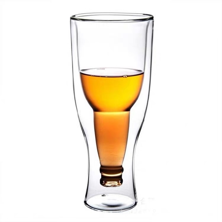 Ceașcă de bere din sticlă borosilicat cu pereți dubli, design rotativ invers, transparentă, potrivită pentru casă și baruri