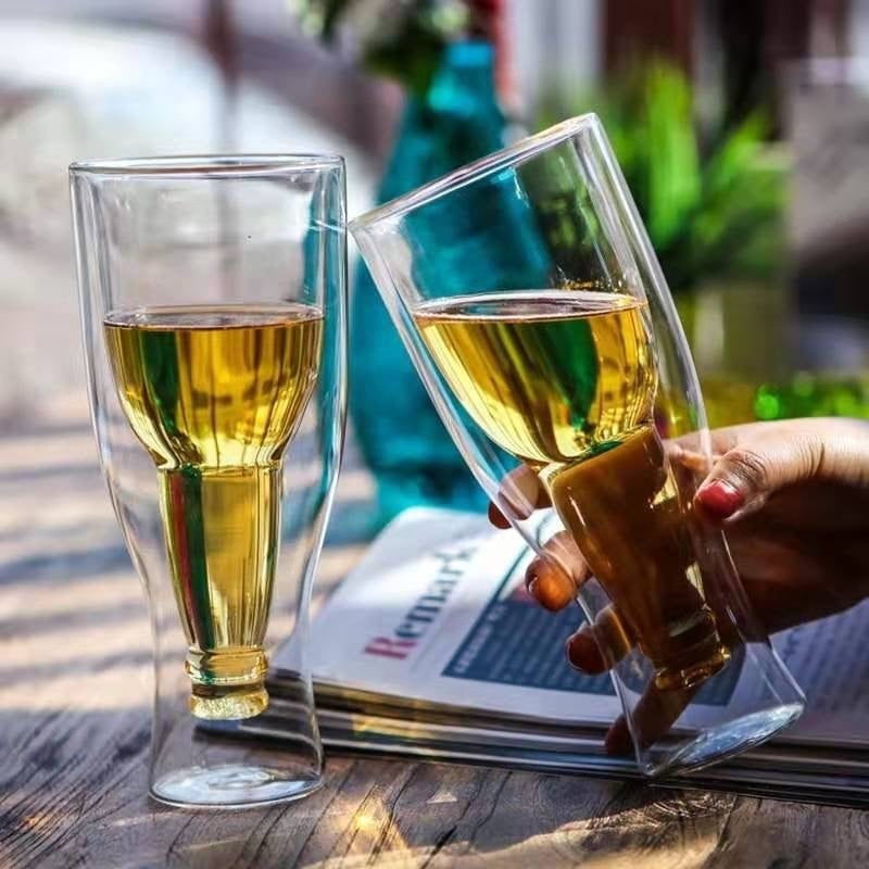 Ceașcă de bere din sticlă borosilicat cu pereți dubli, design rotativ invers, transparentă, potrivită pentru casă și baruri