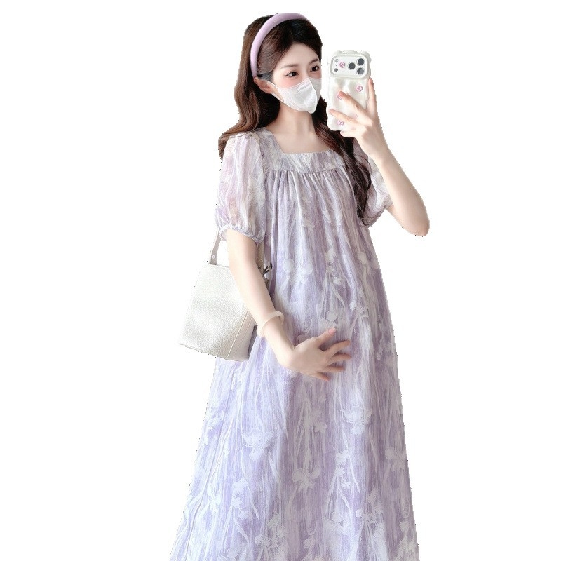 Rochie de maternitate cu imprimeu floral, lungime midi, elegantă pentru vară