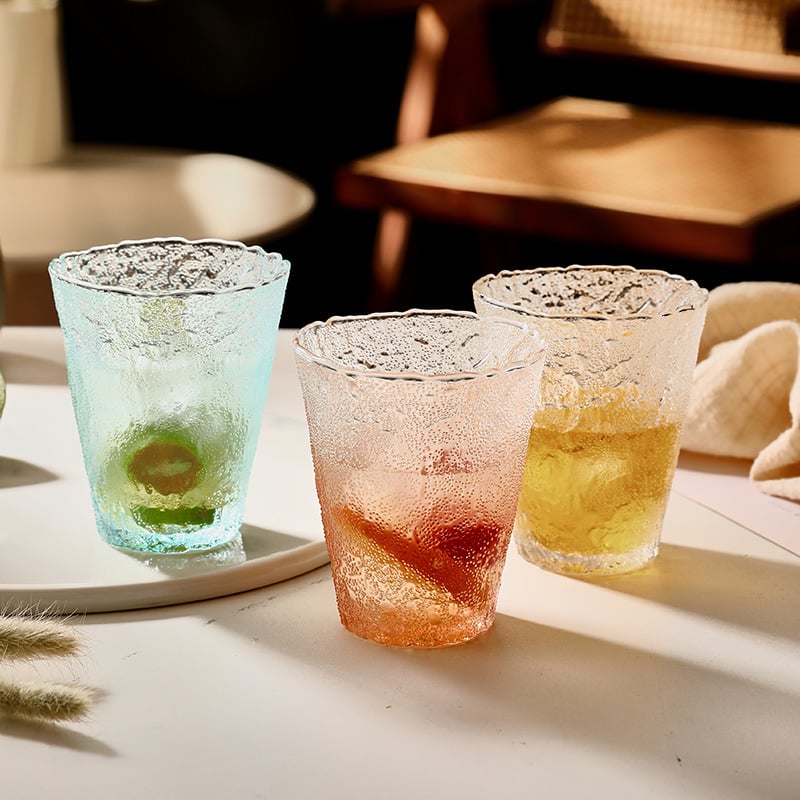 Pahar de cocktail din sticlă în stil japonez, textură de scoarță, sticlă glaciară, pahar gros pentru cafea, potrivit pentru apă și ceai de fructe, capacitate 201-300 ml