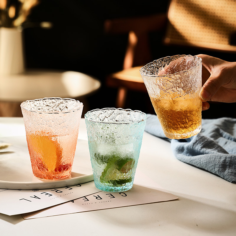Pahar de cocktail din sticlă în stil japonez, textură de scoarță, sticlă glaciară, pahar gros pentru cafea, potrivit pentru apă și ceai de fructe, capacitate 201-300 ml
