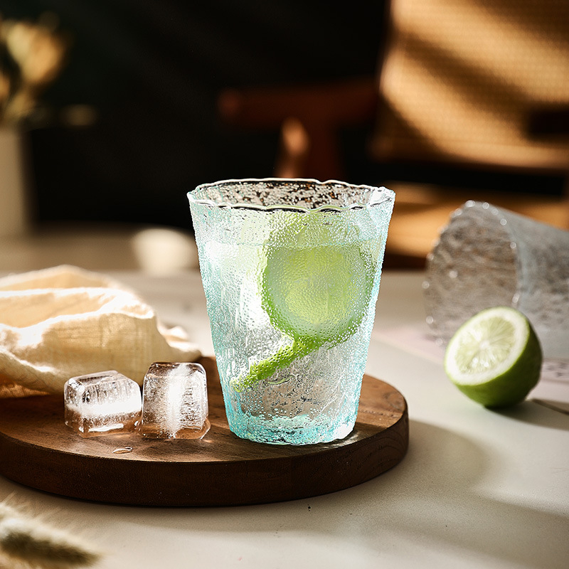Pahar de cocktail din sticlă în stil japonez, textură de scoarță, sticlă glaciară, pahar gros pentru cafea, potrivit pentru apă și ceai de fructe, capacitate 201-300 ml