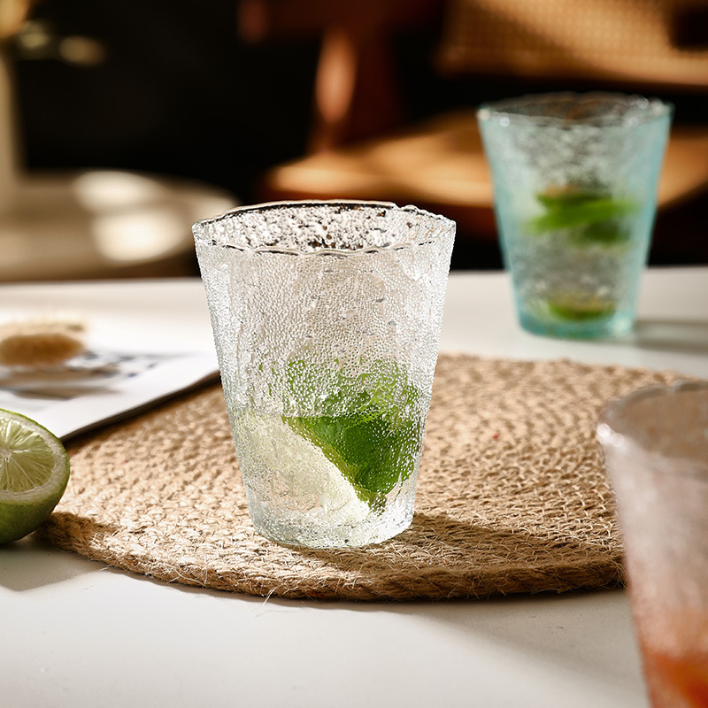 Pahar de cocktail din sticlă în stil japonez, textură de scoarță, sticlă glaciară, pahar gros pentru cafea, potrivit pentru apă și ceai de fructe, capacitate 201-300 ml