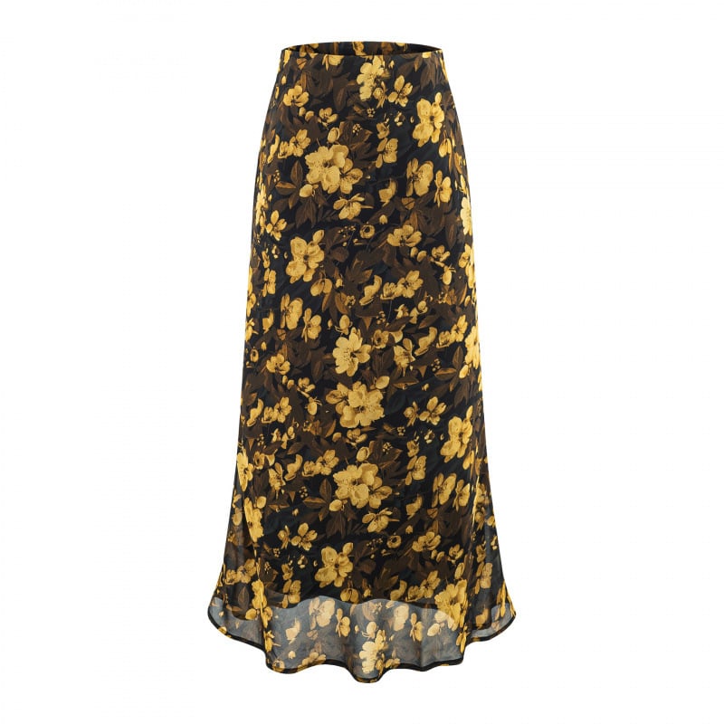 Fustă florală cu talie înaltă, stil franțuzesc vintage de primăvară, elegantă și lungă