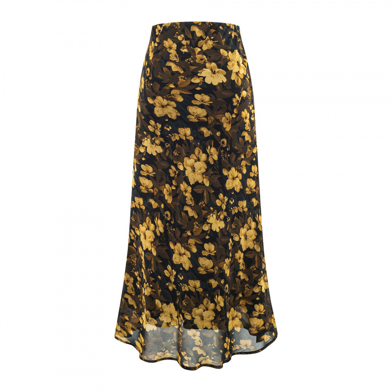Fustă florală cu talie înaltă, stil franțuzesc vintage de primăvară, elegantă și lungă
