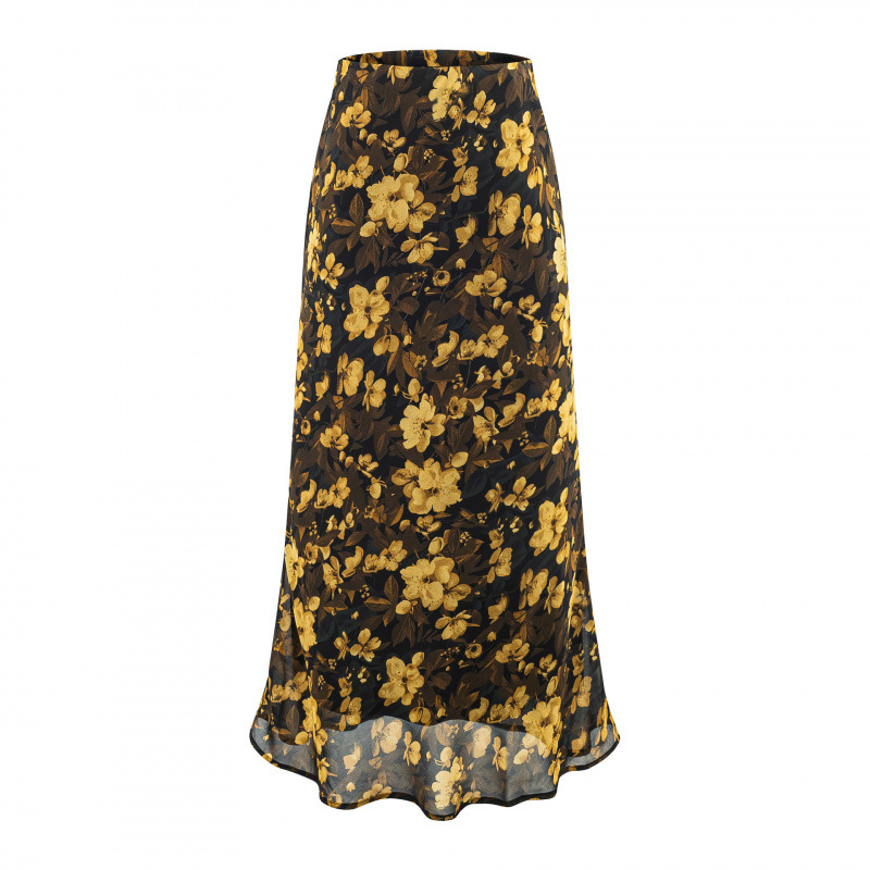 Fustă florală cu talie înaltă, stil franțuzesc vintage de primăvară, elegantă și lungă