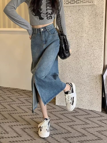 Fustă din denim retro cu slit, croială în A, midi, talie înaltă, pentru siluete mici, siluetă avantajoasă, toamnă 2025