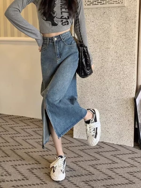 Fustă din denim retro cu slit, croială în A, midi, talie înaltă, pentru siluete mici, siluetă avantajoasă, toamnă 2025