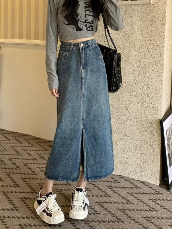 Fustă din denim retro cu slit, croială în A, midi, talie înaltă, pentru siluete mici, siluetă avantajoasă, toamnă 2025