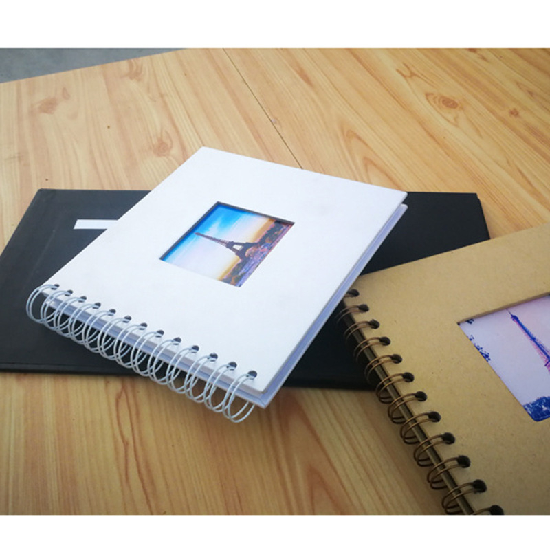 Album foto DIY cu spirală, 7 inchi, cu fereastră, scrapbook pe hârtie kraft alb-negru