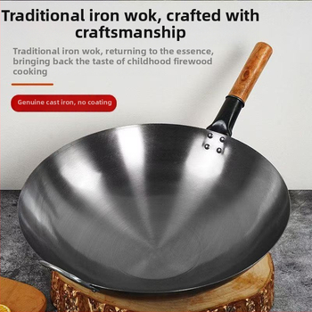Tradičný wok s jednou rukoväťou z nepotiahnutého kovaného železa, veľká panvica s okrúhlym dnom na smaženie pri vysokej teplote, kompatibilná s plynovým sporákom