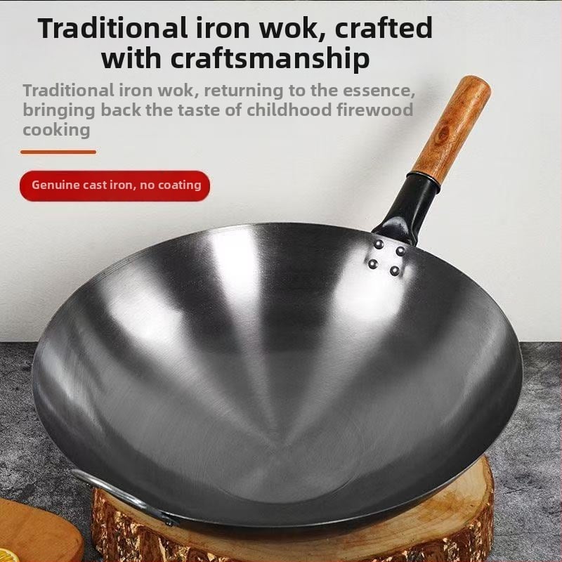 Tradičný wok s jednou rukoväťou z nepotiahnutého kovaného železa, veľká panvica s okrúhlym dnom na smaženie pri vysokej teplote, kompatibilná s plynovým sporákom