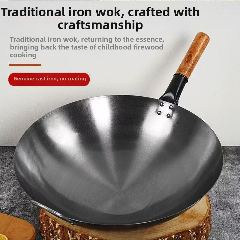 Tradičný wok s jednou rukoväťou z nepotiahnutého kovaného železa, veľká panvica s okrúhlym dnom na smaženie pri vysokej teplote, kompatibilná s plynovým sporákom