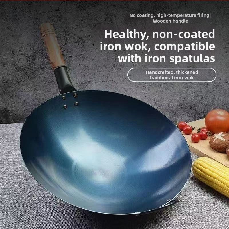 Tradičný wok s jednou rukoväťou z nepotiahnutého kovaného železa, veľká panvica s okrúhlym dnom na smaženie pri vysokej teplote, kompatibilná s plynovým sporákom