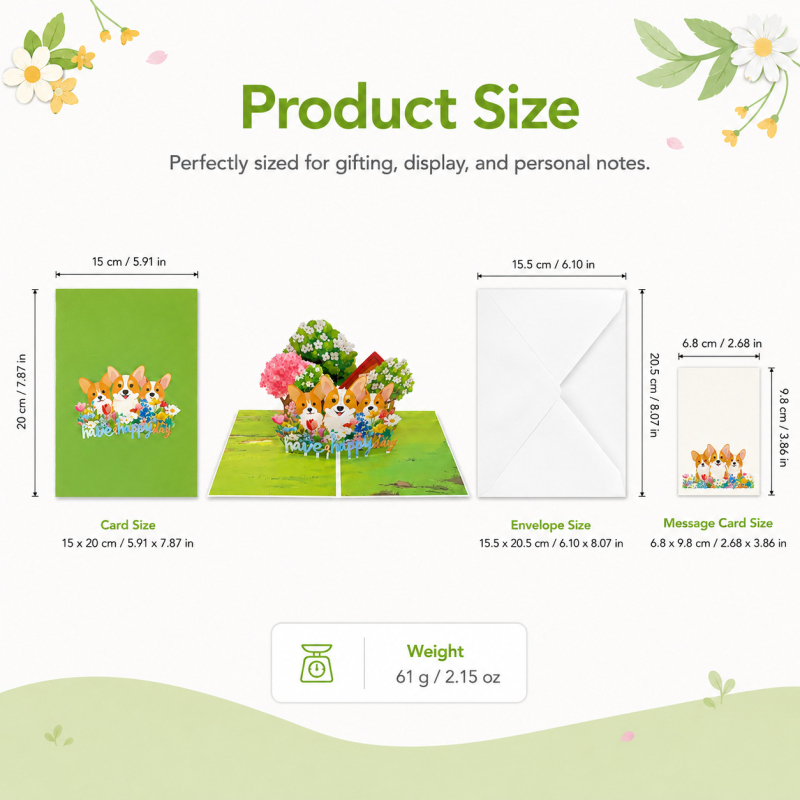 Card de felicitare 3D pop-up cu Corgi și buchet de flori realizat manual