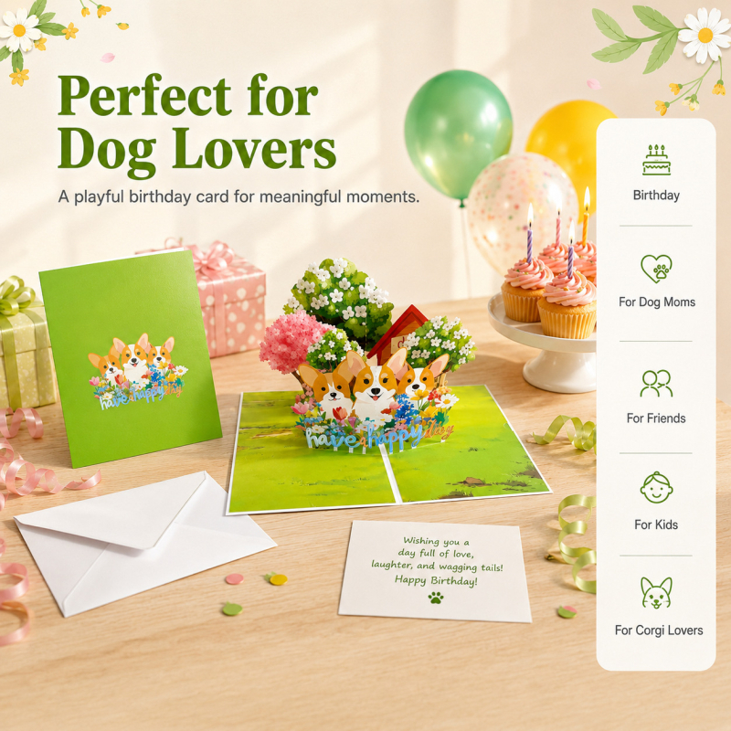 Card de felicitare 3D pop-up cu Corgi și buchet de flori realizat manual